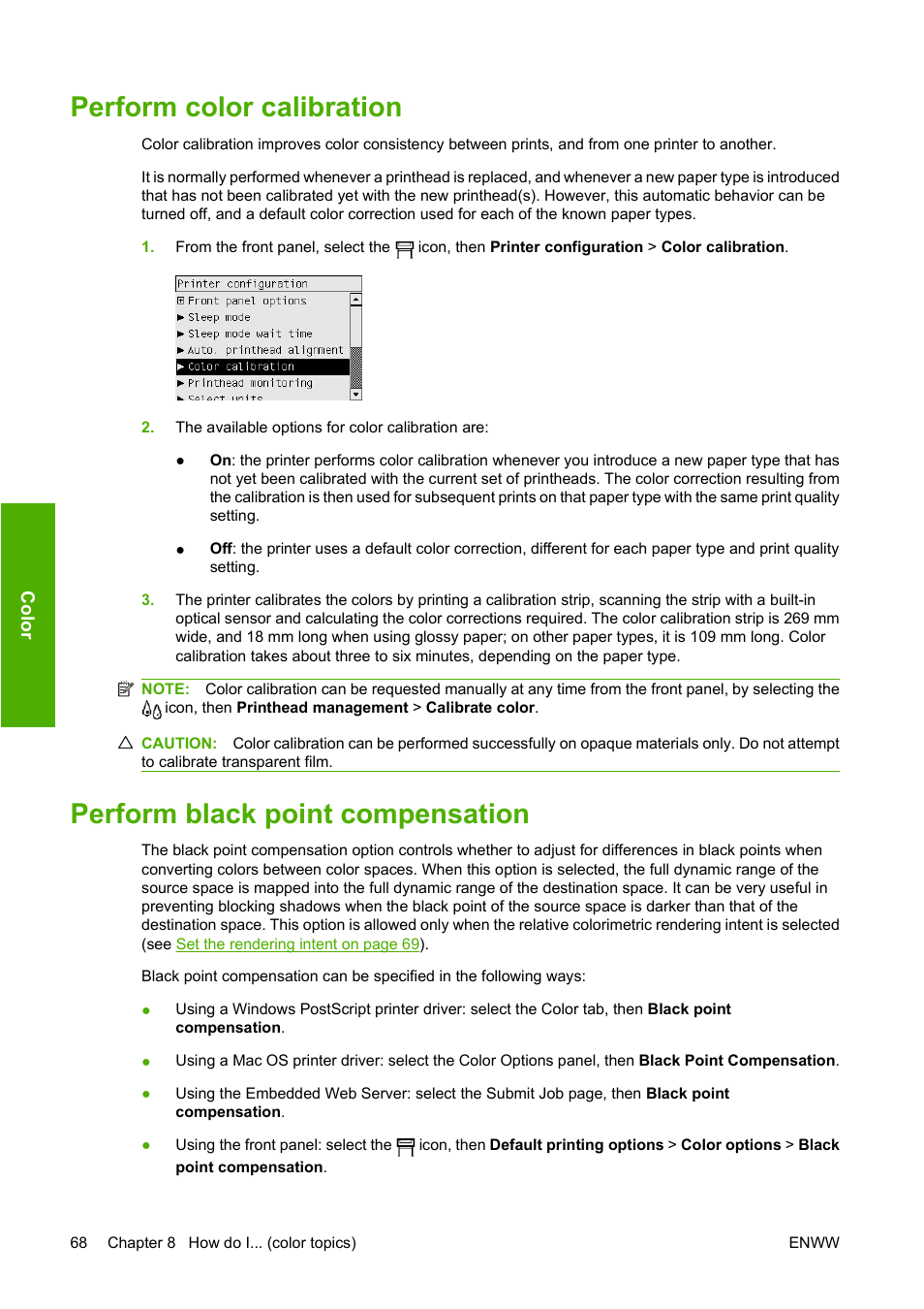 Perform color calibration, Perform black point compensation | HP Designjet 4520 Printer series User Manual | Page 78 / 235