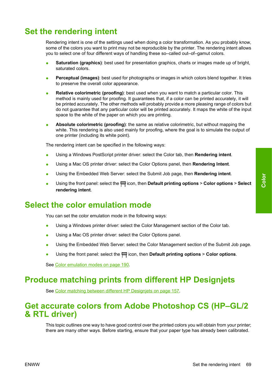 Set the rendering intent, Select the color emulation mode | HP Designjet 4520 Printer series User Manual | Page 79 / 235