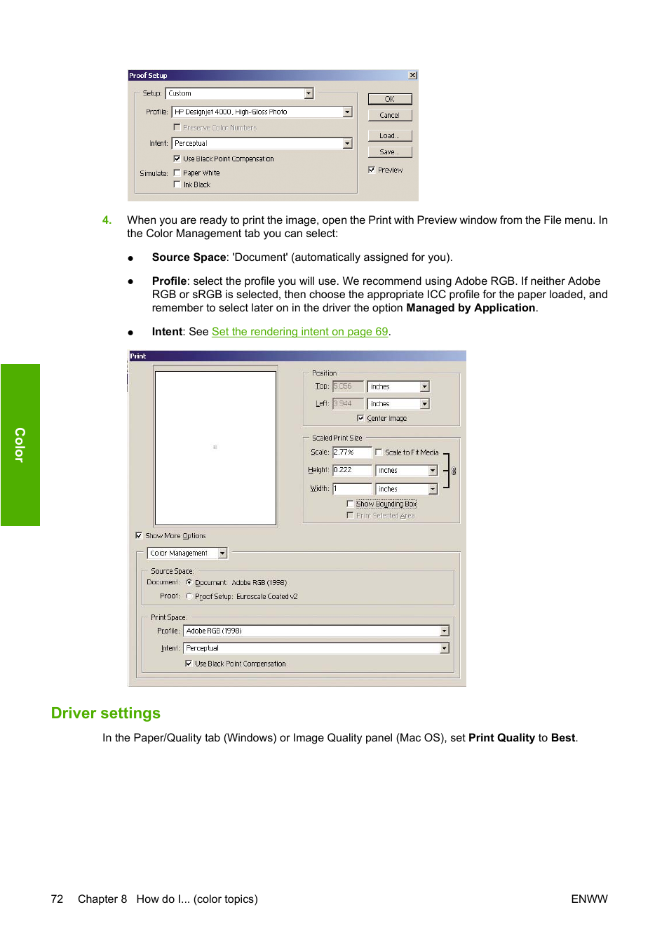 Driver settings | HP Designjet 4520 Printer series User Manual | Page 82 / 235