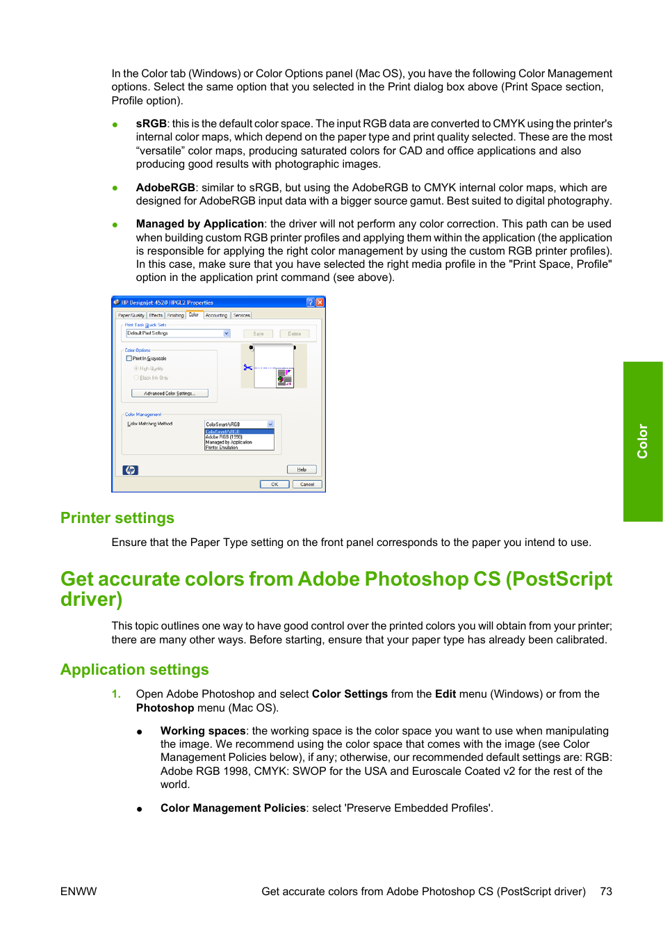 Printer settings, Application settings | HP Designjet 4520 Printer series User Manual | Page 83 / 235