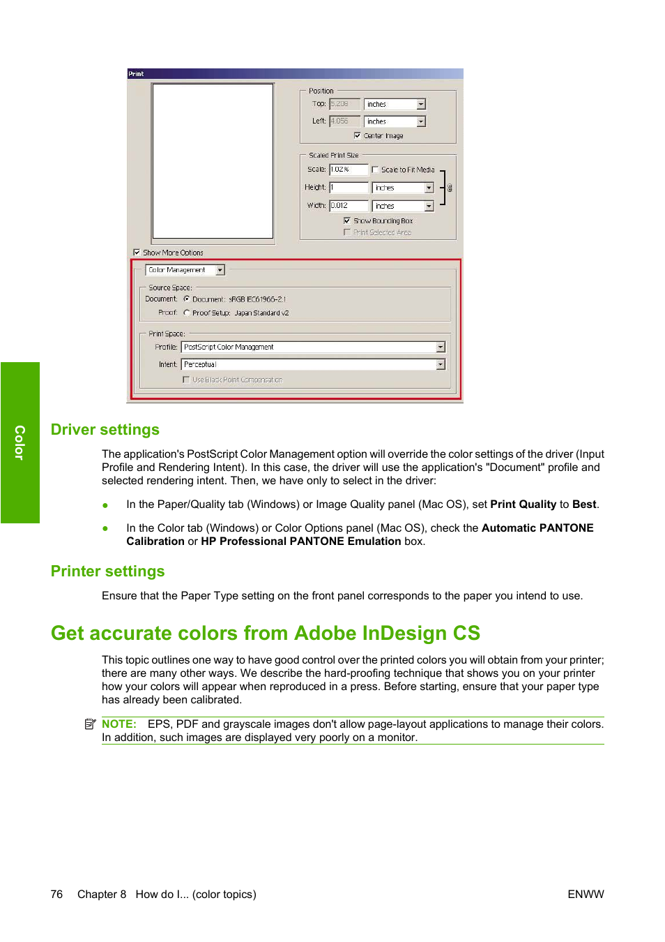 Driver settings, Printer settings, Get accurate colors from adobe indesign cs | HP Designjet 4520 Printer series User Manual | Page 86 / 235