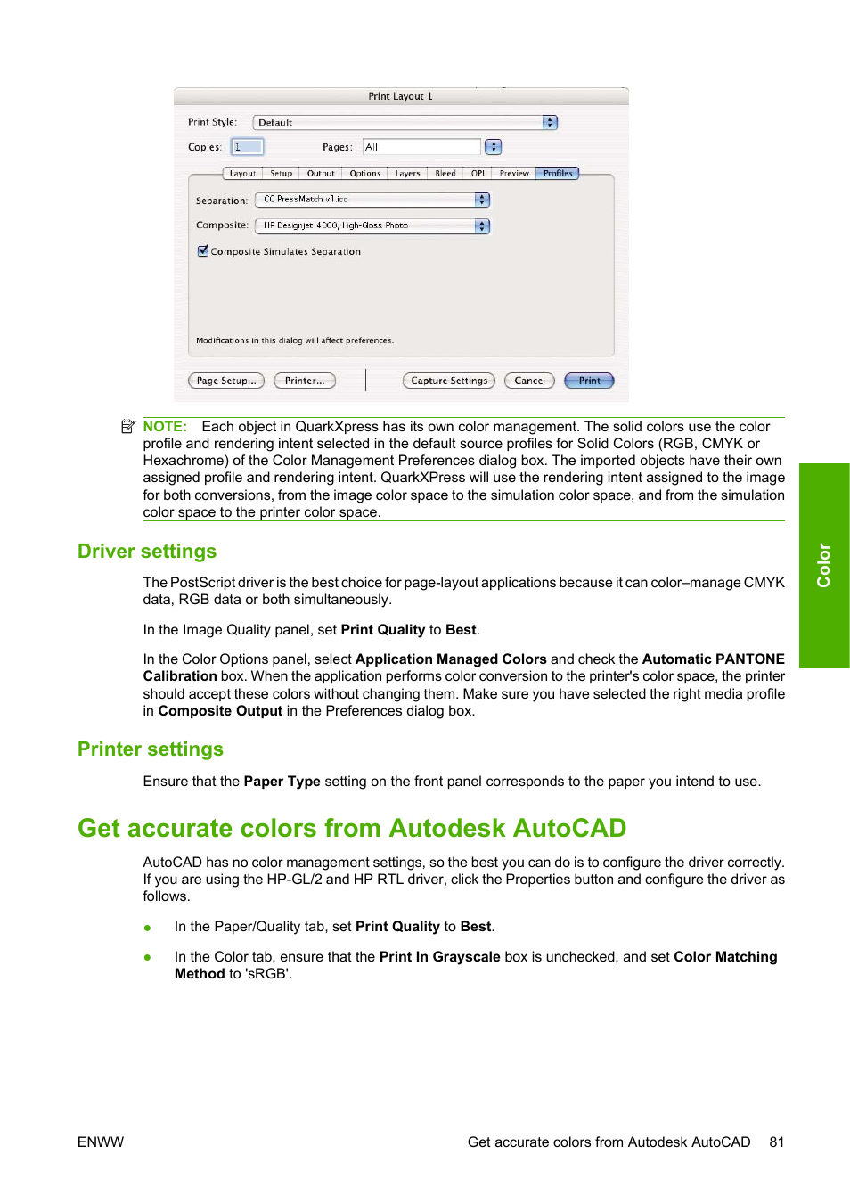 Driver settings, Printer settings, Get accurate colors from autodesk autocad | HP Designjet 4520 Printer series User Manual | Page 91 / 235