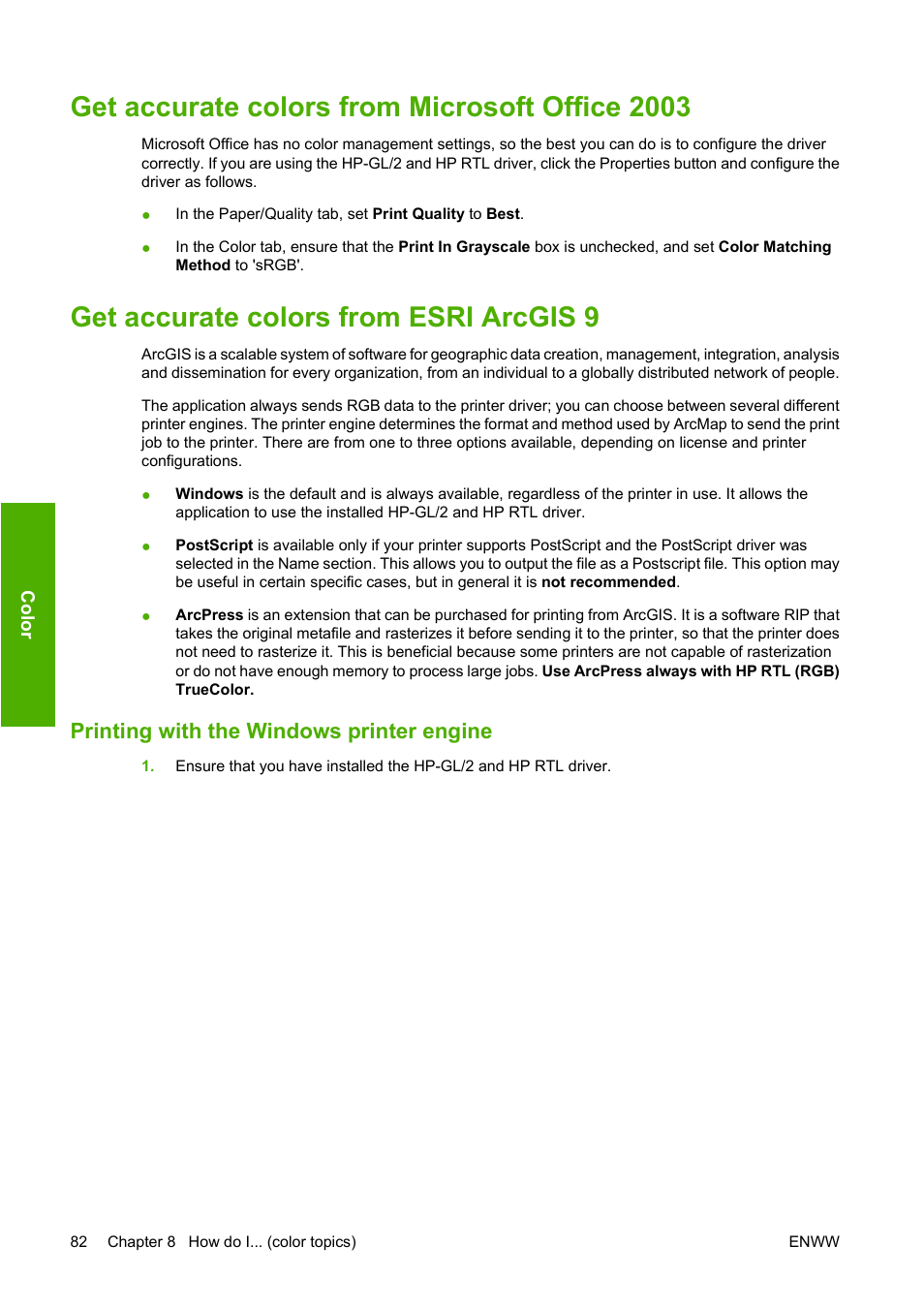 Get accurate colors from microsoft office 2003, Get accurate colors from esri arcgis 9, Printing with the windows printer engine | HP Designjet 4520 Printer series User Manual | Page 92 / 235