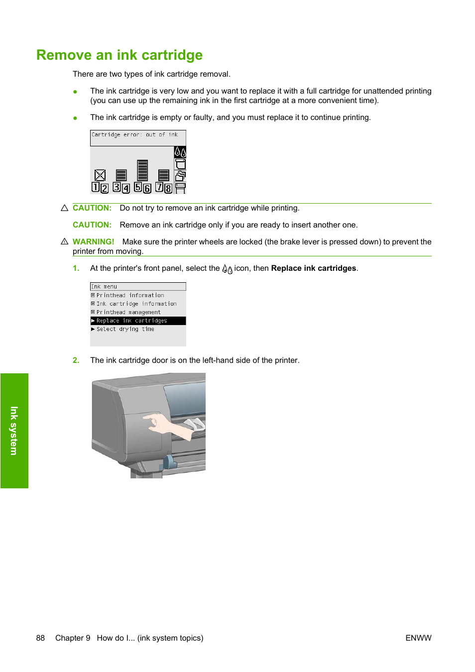 Remove an ink cartridge | HP Designjet 4520 Printer series User Manual | Page 98 / 235