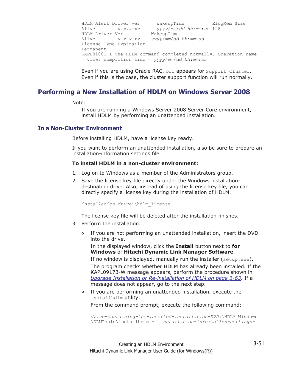 In a non-cluster environment -51, Performing a new installation of hdlm on | HP Hitachi Dynamic Link Manager Software User Manual | Page 117 / 422