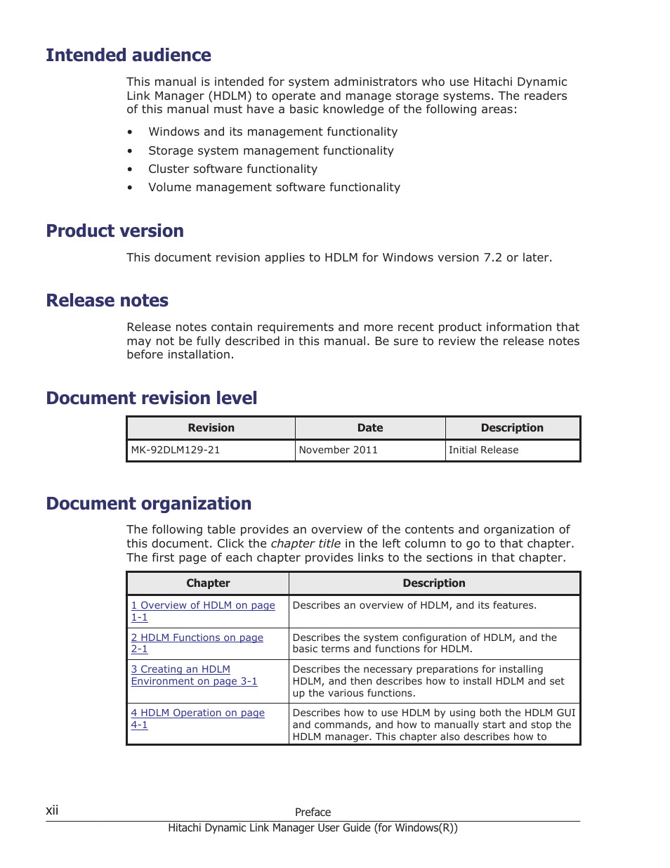Intended audience, Product version, Release notes | Document revision level, Document organization | HP Hitachi Dynamic Link Manager Software User Manual | Page 12 / 422