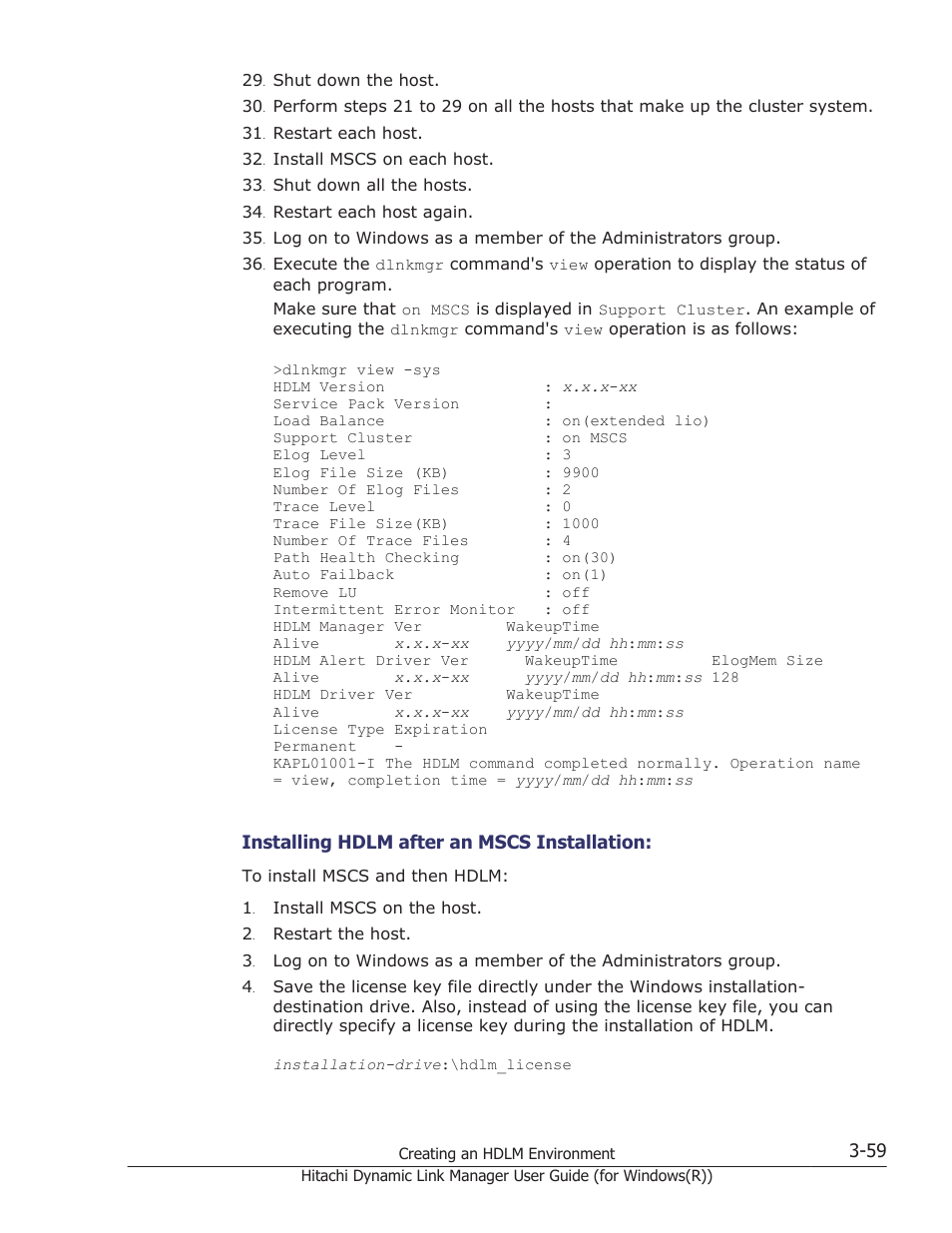 Installing hdlm after an mscs installation | HP Hitachi Dynamic Link Manager Software User Manual | Page 125 / 422