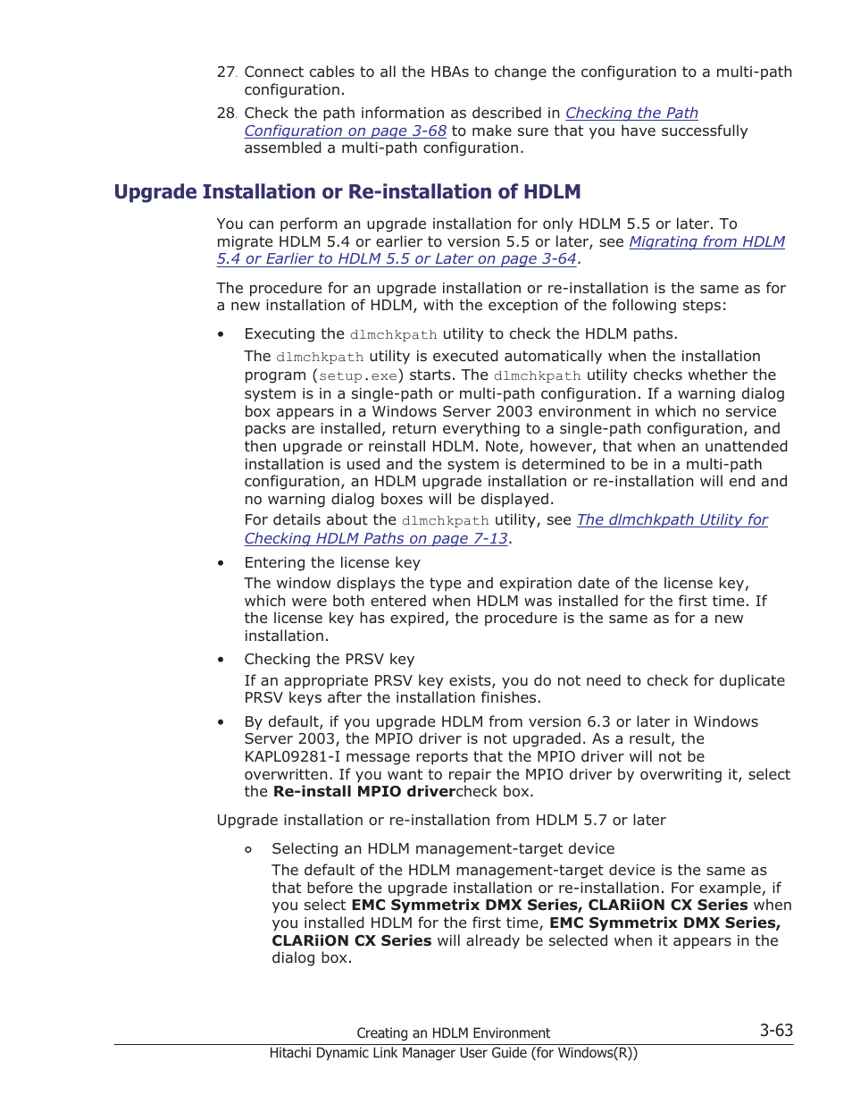 Upgrade installation or re-installation of hdlm, Upgrade | HP Hitachi Dynamic Link Manager Software User Manual | Page 129 / 422