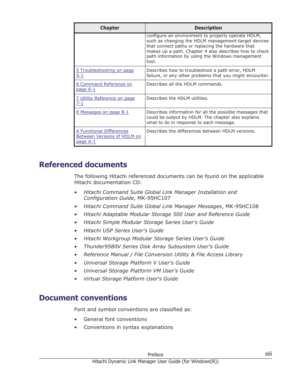 Referenced documents, Document conventions | HP Hitachi Dynamic Link Manager Software User Manual | Page 13 / 422