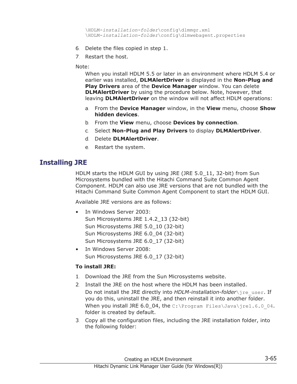 Installing jre, Installing jre -65 | HP Hitachi Dynamic Link Manager Software User Manual | Page 131 / 422