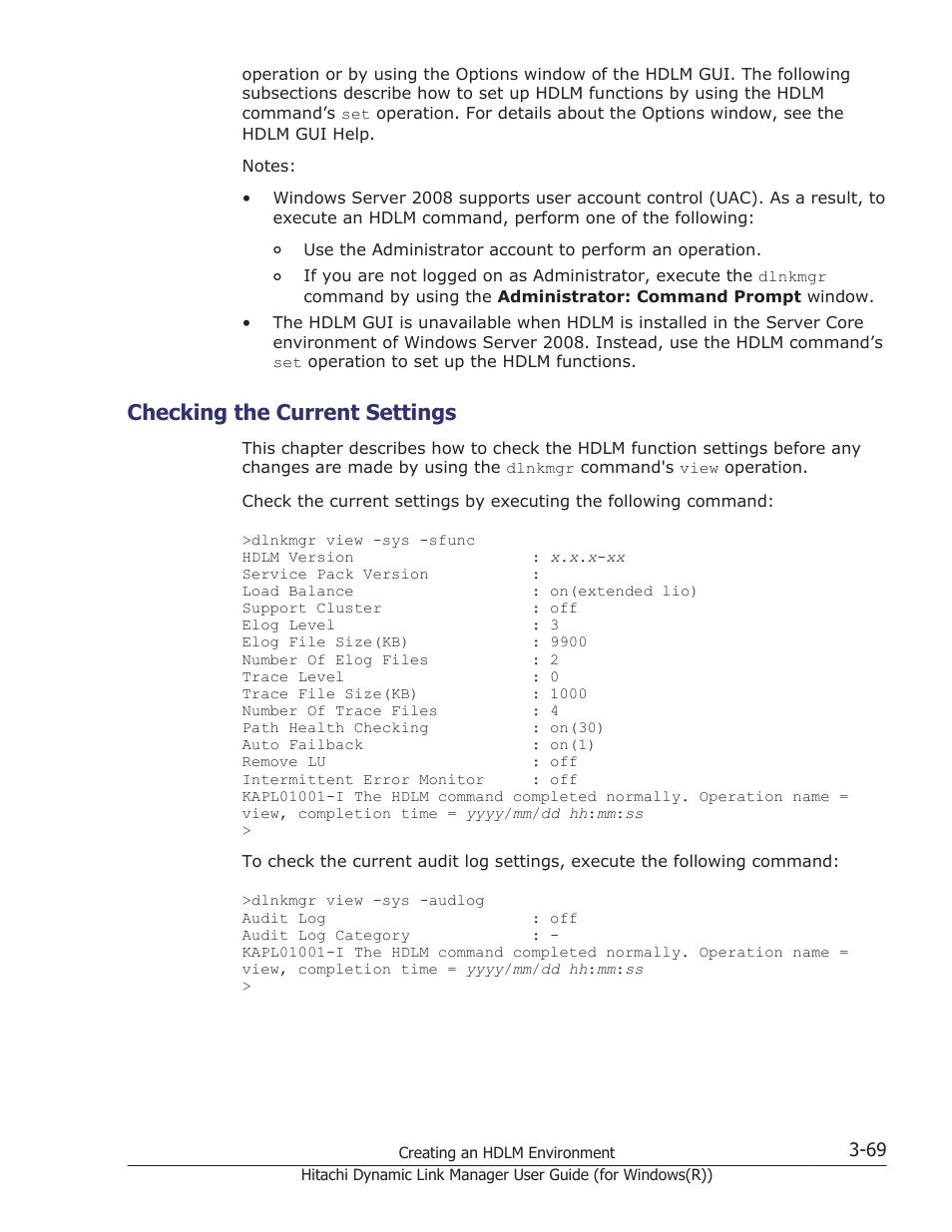 Checking the current settings, Checking the current settings -69 | HP Hitachi Dynamic Link Manager Software User Manual | Page 135 / 422