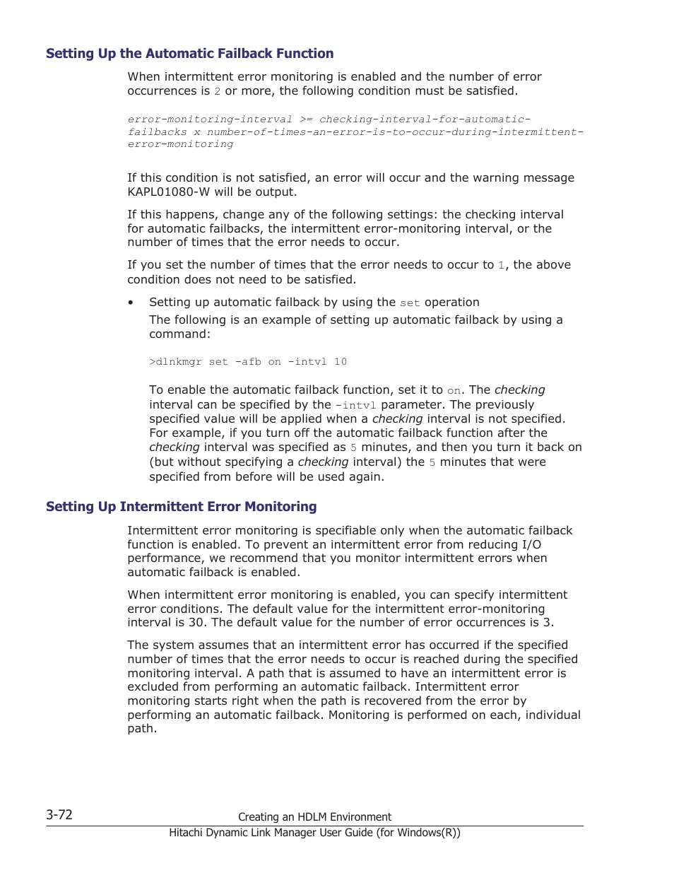 Setting up the automatic failback function -72, Setting up intermittent error monitoring -72 | HP Hitachi Dynamic Link Manager Software User Manual | Page 138 / 422