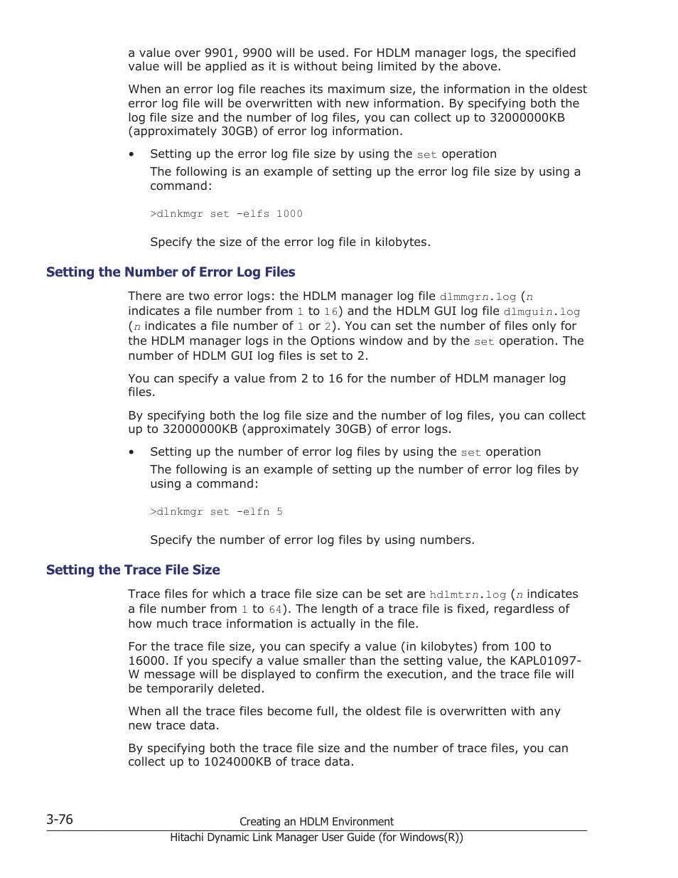 Setting the number of error log files -76, Setting the trace file size -76 | HP Hitachi Dynamic Link Manager Software User Manual | Page 142 / 422