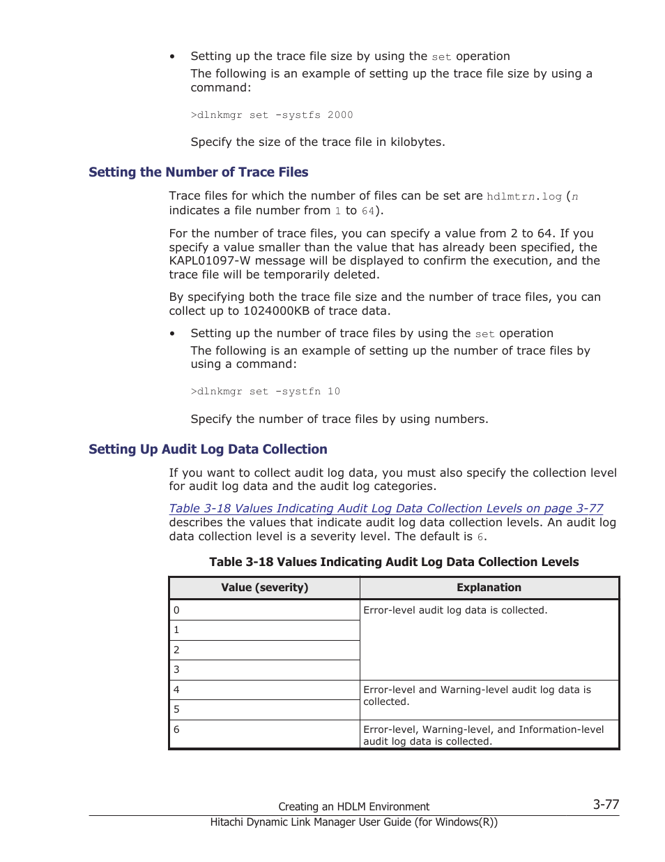 Setting the number of trace files -77, Setting up audit log data collection -77 | HP Hitachi Dynamic Link Manager Software User Manual | Page 143 / 422