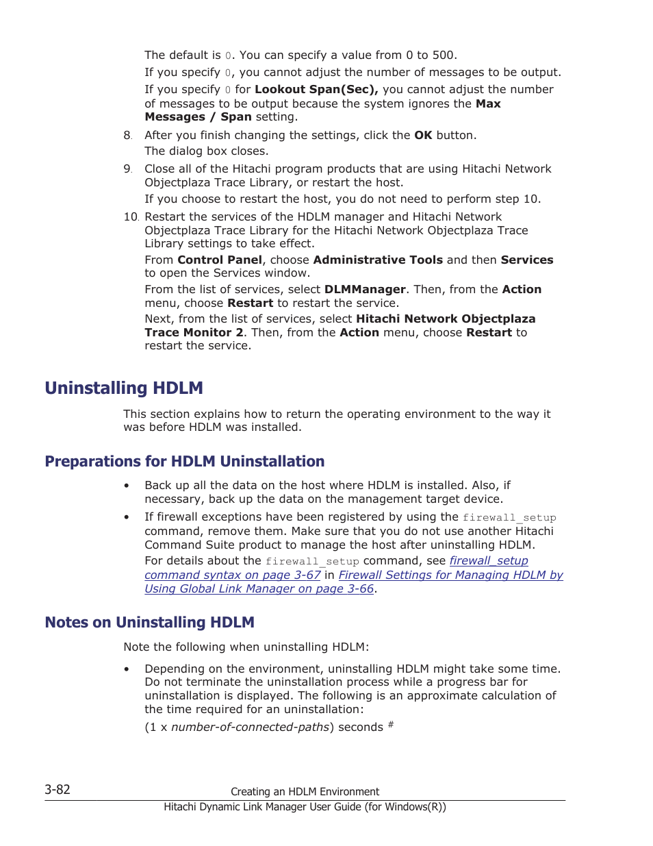 Uninstalling hdlm, Preparations for hdlm uninstallation, Notes on uninstalling hdlm | Uninstalling hdlm -82, Preparations for hdlm uninstallation -82, Notes on uninstalling hdlm -82 | HP Hitachi Dynamic Link Manager Software User Manual | Page 148 / 422
