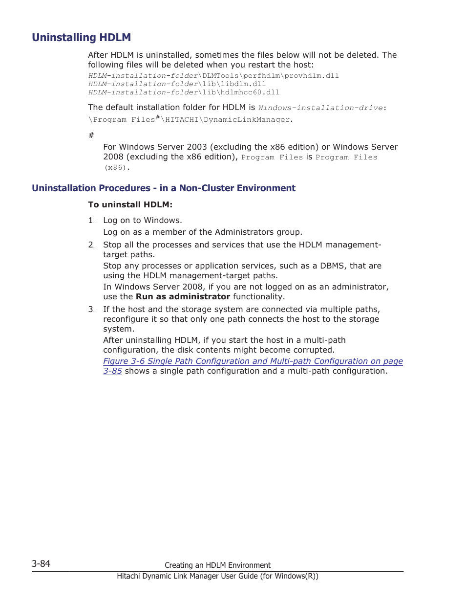 Uninstalling hdlm, Uninstalling hdlm -84 | HP Hitachi Dynamic Link Manager Software User Manual | Page 150 / 422