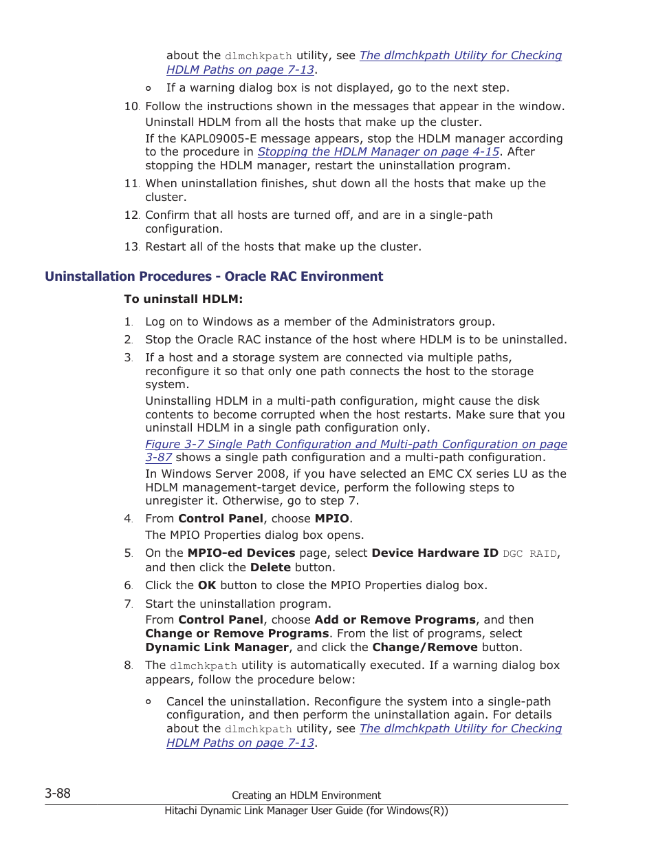 Uninstallation procedures - oracle rac environment | HP Hitachi Dynamic Link Manager Software User Manual | Page 154 / 422