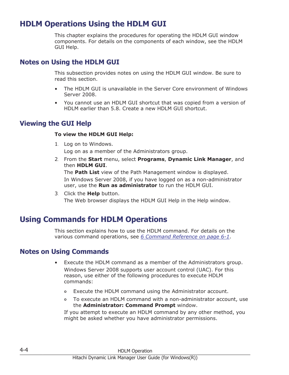 Hdlm operations using the hdlm gui, Notes on using the hdlm gui, Viewing the gui help | Using commands for hdlm operations, Notes on using commands, Hdlm operations using the hdlm gui -4, Notes on using the hdlm gui -4, Viewing the gui help -4, Using commands for hdlm operations -4, Notes on using commands -4 | HP Hitachi Dynamic Link Manager Software User Manual | Page 162 / 422