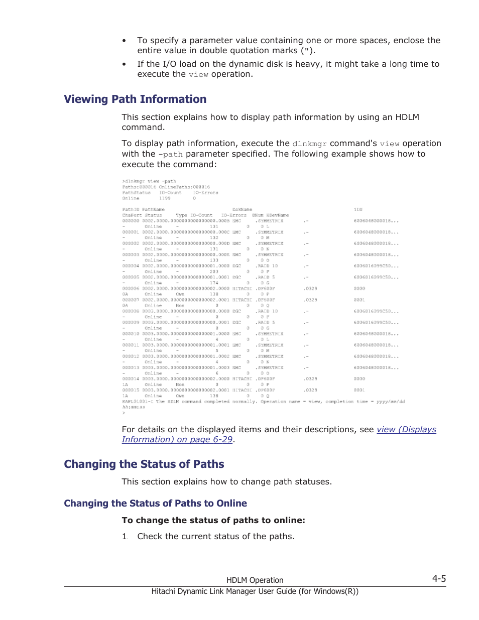 Viewing path information, Changing the status of paths, Viewing path information -5 | Changing the status of paths -5, Changing the status of paths to online -5 | HP Hitachi Dynamic Link Manager Software User Manual | Page 163 / 422