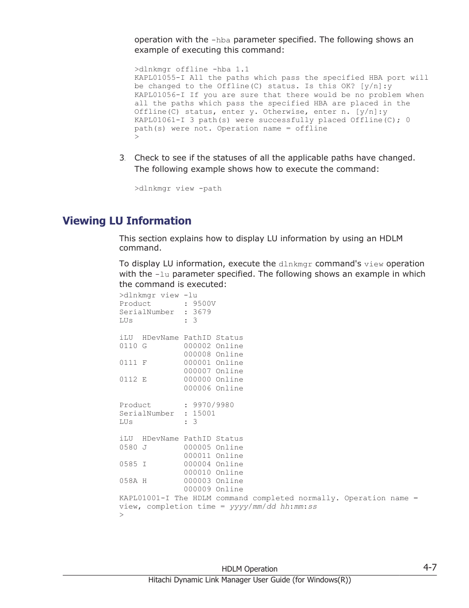 Viewing lu information, Viewing lu information -7 | HP Hitachi Dynamic Link Manager Software User Manual | Page 165 / 422