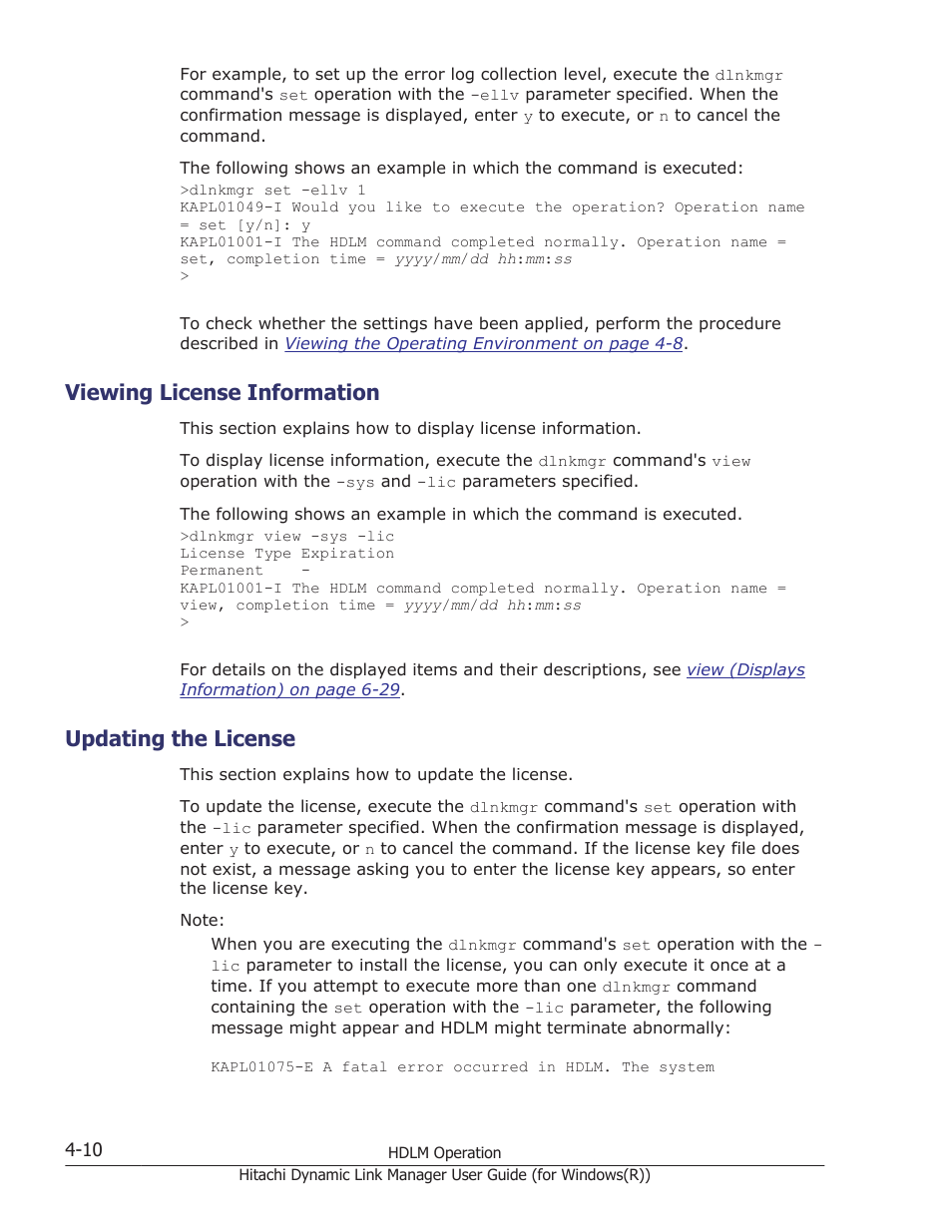 Viewing license information, Updating the license, Viewing license information -10 | Updating the license -10 | HP Hitachi Dynamic Link Manager Software User Manual | Page 168 / 422