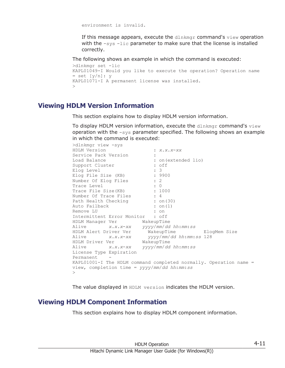 Viewing hdlm version information, Viewing hdlm component information, Viewing hdlm version information -11 | Viewing hdlm component information -11 | HP Hitachi Dynamic Link Manager Software User Manual | Page 169 / 422