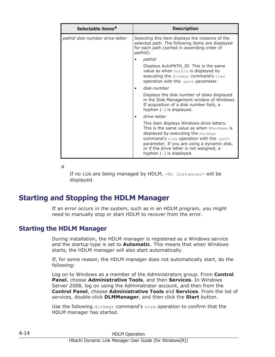 Starting and stopping the hdlm manager, Starting the hdlm manager, Starting and stopping the hdlm manager -14 | Starting the hdlm manager -14 | HP Hitachi Dynamic Link Manager Software User Manual | Page 172 / 422