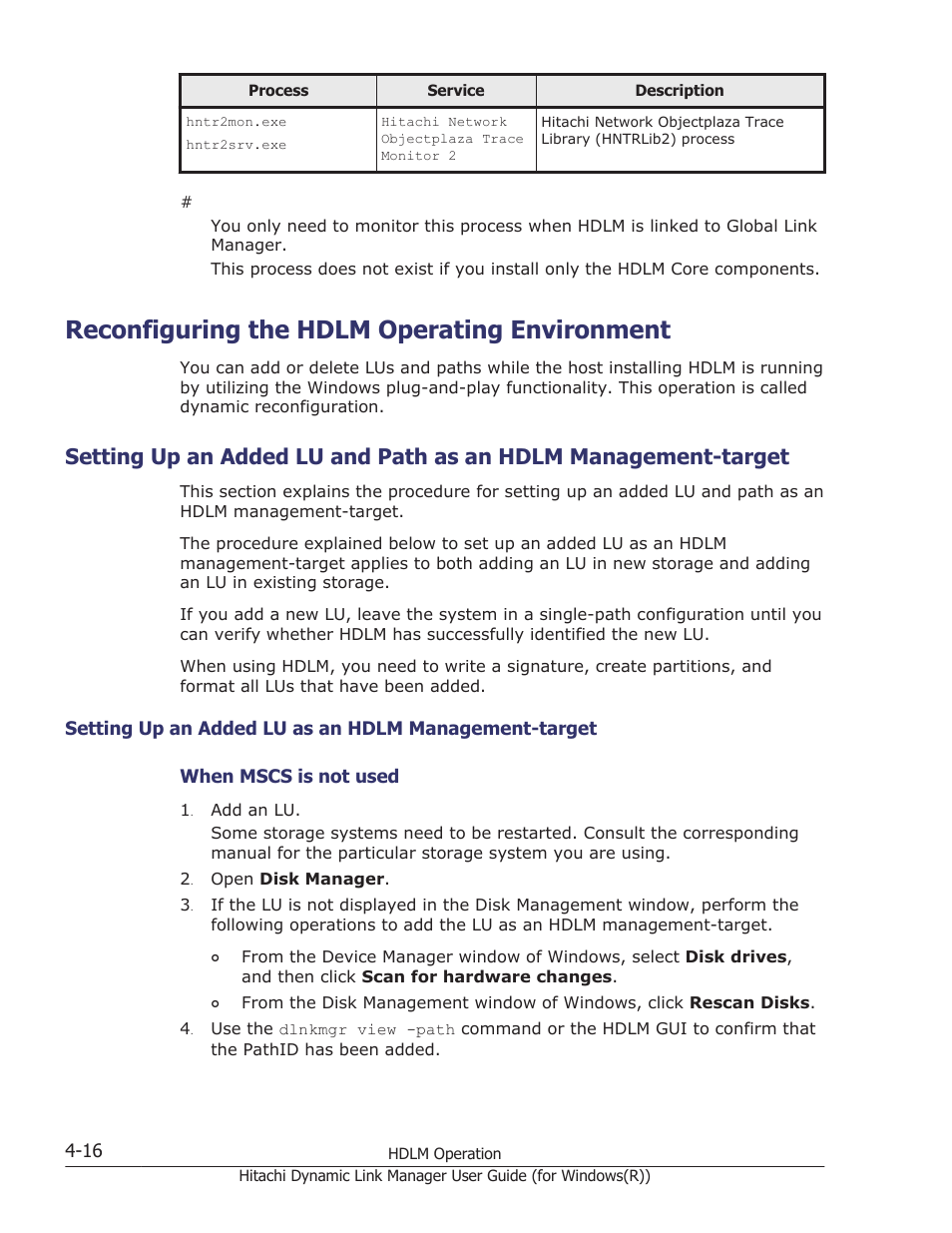 Reconfiguring the hdlm operating environment, Reconfiguring the hdlm operating environment -16, Configuration function, see | Setting up an added lu and path as an hdlm, Setting up an added lu | HP Hitachi Dynamic Link Manager Software User Manual | Page 174 / 422