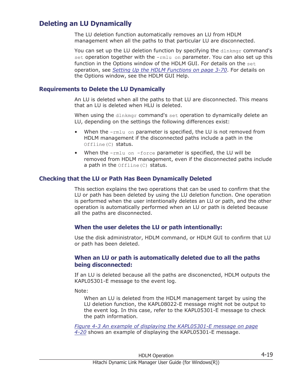 Deleting an lu dynamically, Deleting an lu dynamically -19, Requirements to delete the lu dynamically -19 | For details on dynamically deleting an lu, see, Deleting an lu dynamically on, For details on the lu deletion function, see | HP Hitachi Dynamic Link Manager Software User Manual | Page 177 / 422