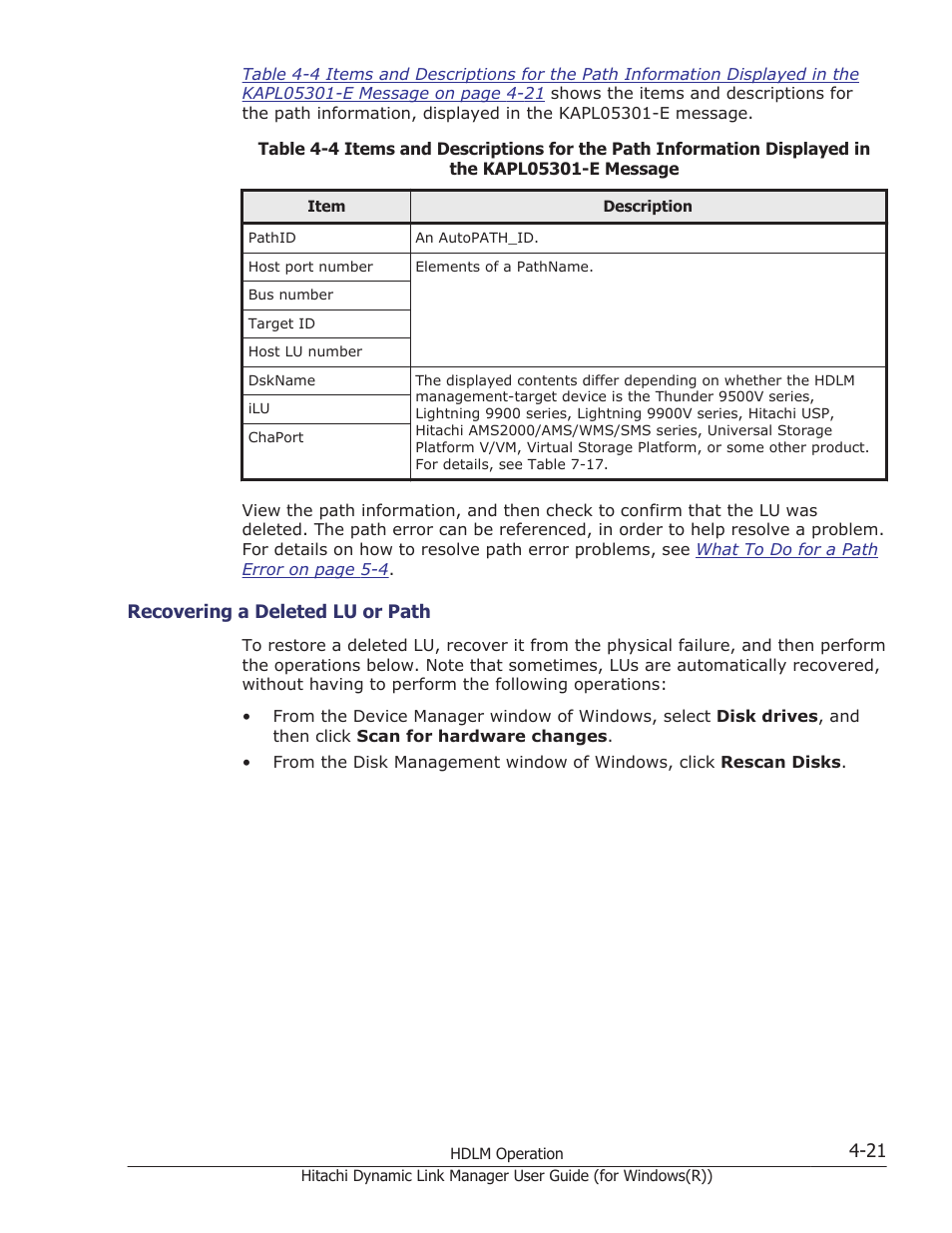 Recovering a deleted lu or path -21 | HP Hitachi Dynamic Link Manager Software User Manual | Page 179 / 422