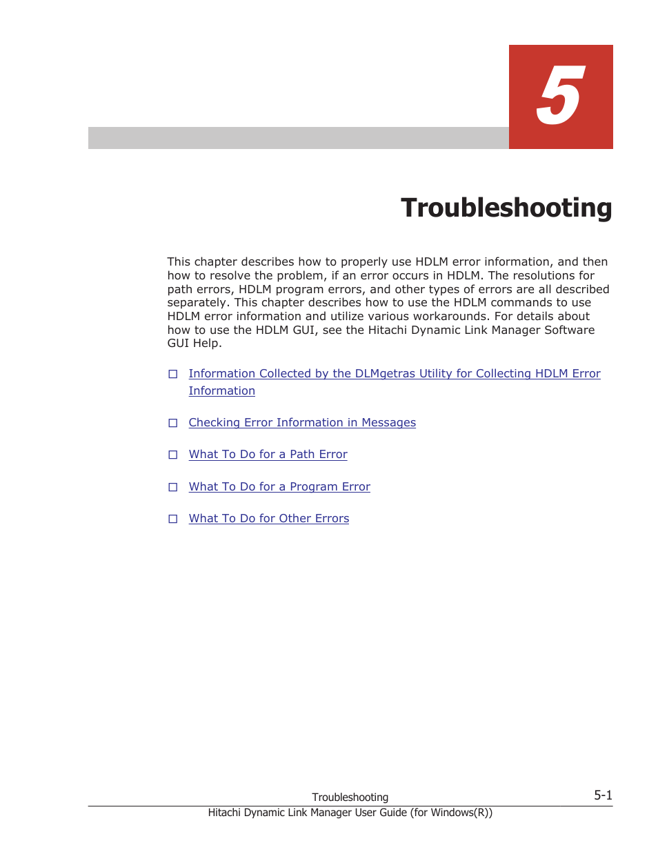 Troubleshooting, 5 troubleshooting -1 | HP Hitachi Dynamic Link Manager Software User Manual | Page 181 / 422