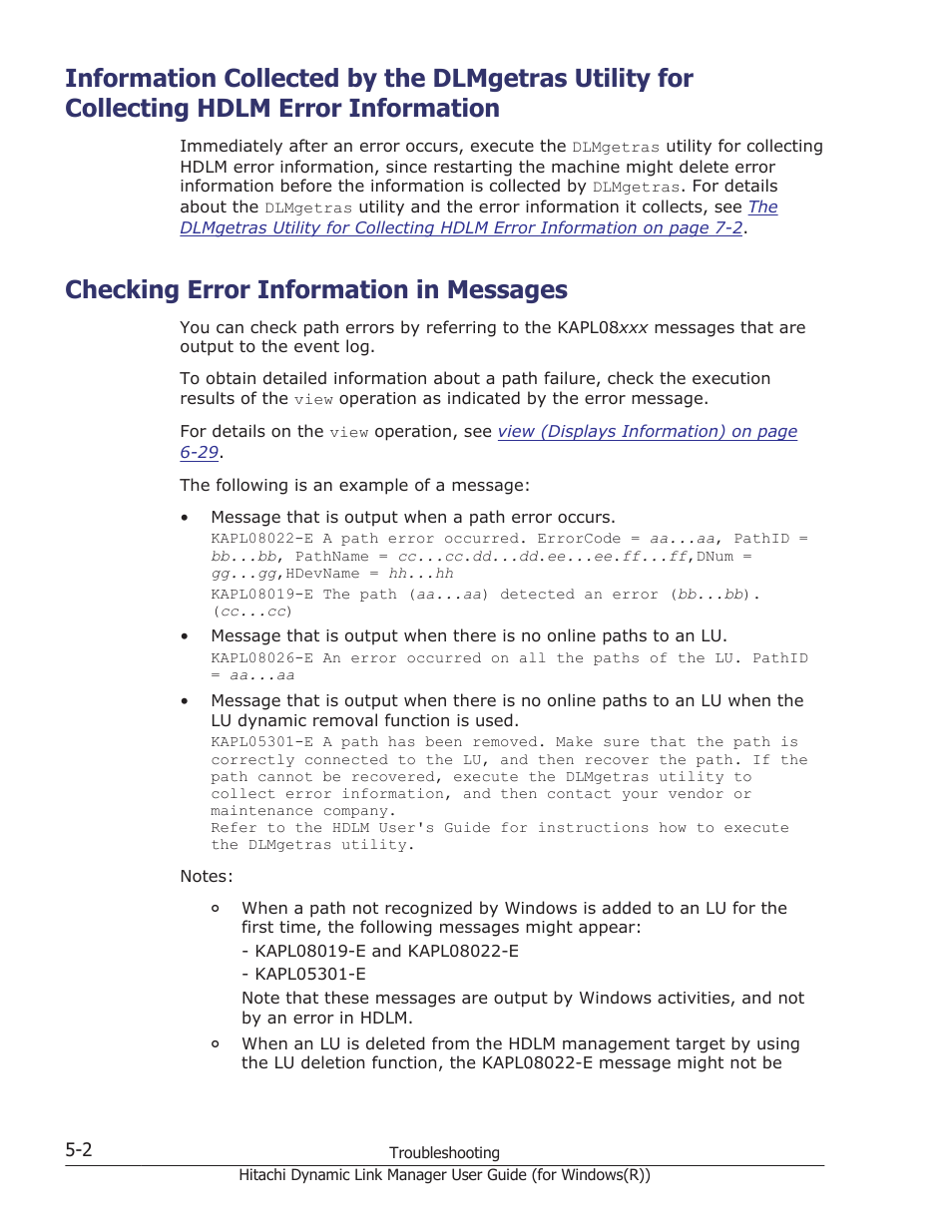 Checking error information in messages, Checking error information in messages -2 | HP Hitachi Dynamic Link Manager Software User Manual | Page 182 / 422