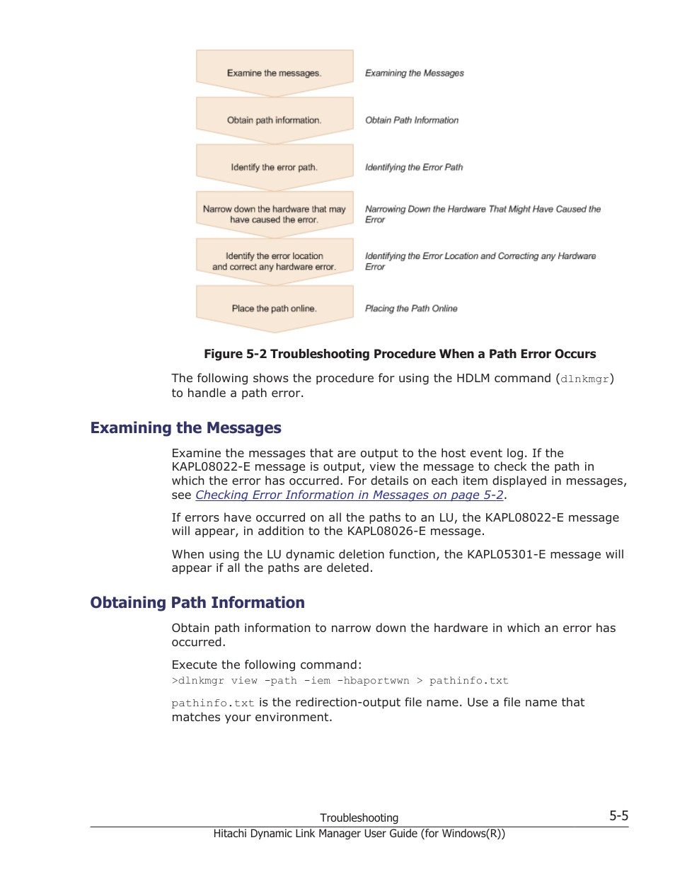 Examining the messages, Obtaining path information, Examining the messages -5 | Obtaining path information -5 | HP Hitachi Dynamic Link Manager Software User Manual | Page 185 / 422