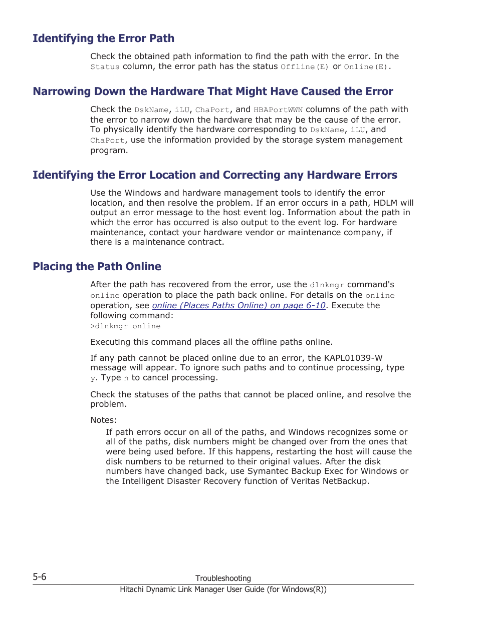 Identifying the error path, Placing the path online, Identifying the error path -6 | Placing the path online -6 | HP Hitachi Dynamic Link Manager Software User Manual | Page 186 / 422