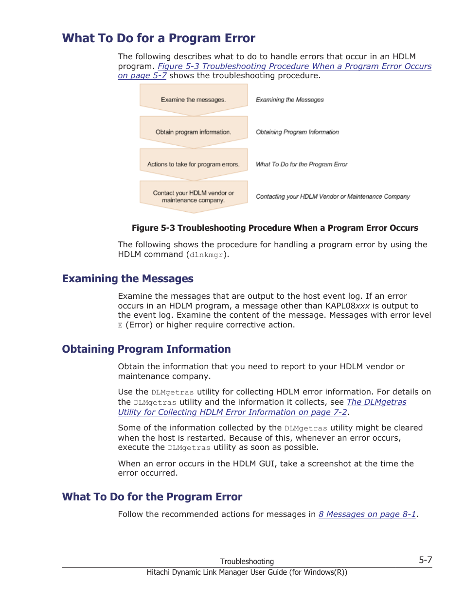 What to do for a program error, Examining the messages, Obtaining program information | What to do for the program error, What to do for a program error -7, Examining the messages -7, Obtaining program information -7, What to do for the program error -7 | HP Hitachi Dynamic Link Manager Software User Manual | Page 187 / 422