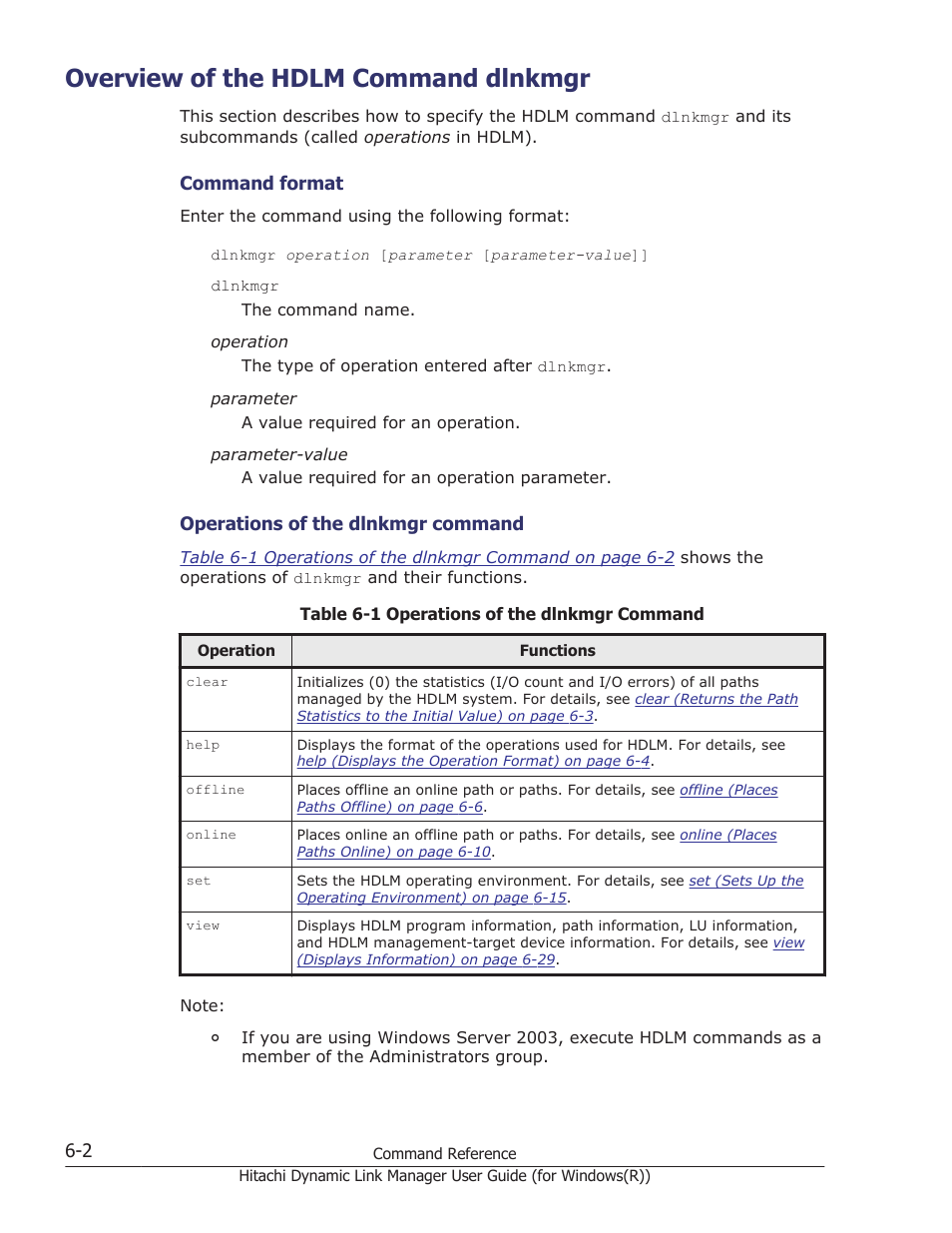 Overview of the hdlm command dlnkmgr, Overview of the hdlm command dlnkmgr -2 | HP Hitachi Dynamic Link Manager Software User Manual | Page 190 / 422