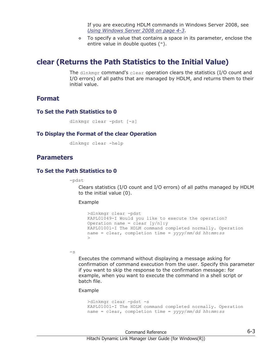 Format, Parameters, Format -3 | To set the path statistics to 0 -3, To display the format of the clear operation -3, Parameters -3, Managed by the hdlm system. for details, see, Clear (returns the path | HP Hitachi Dynamic Link Manager Software User Manual | Page 191 / 422