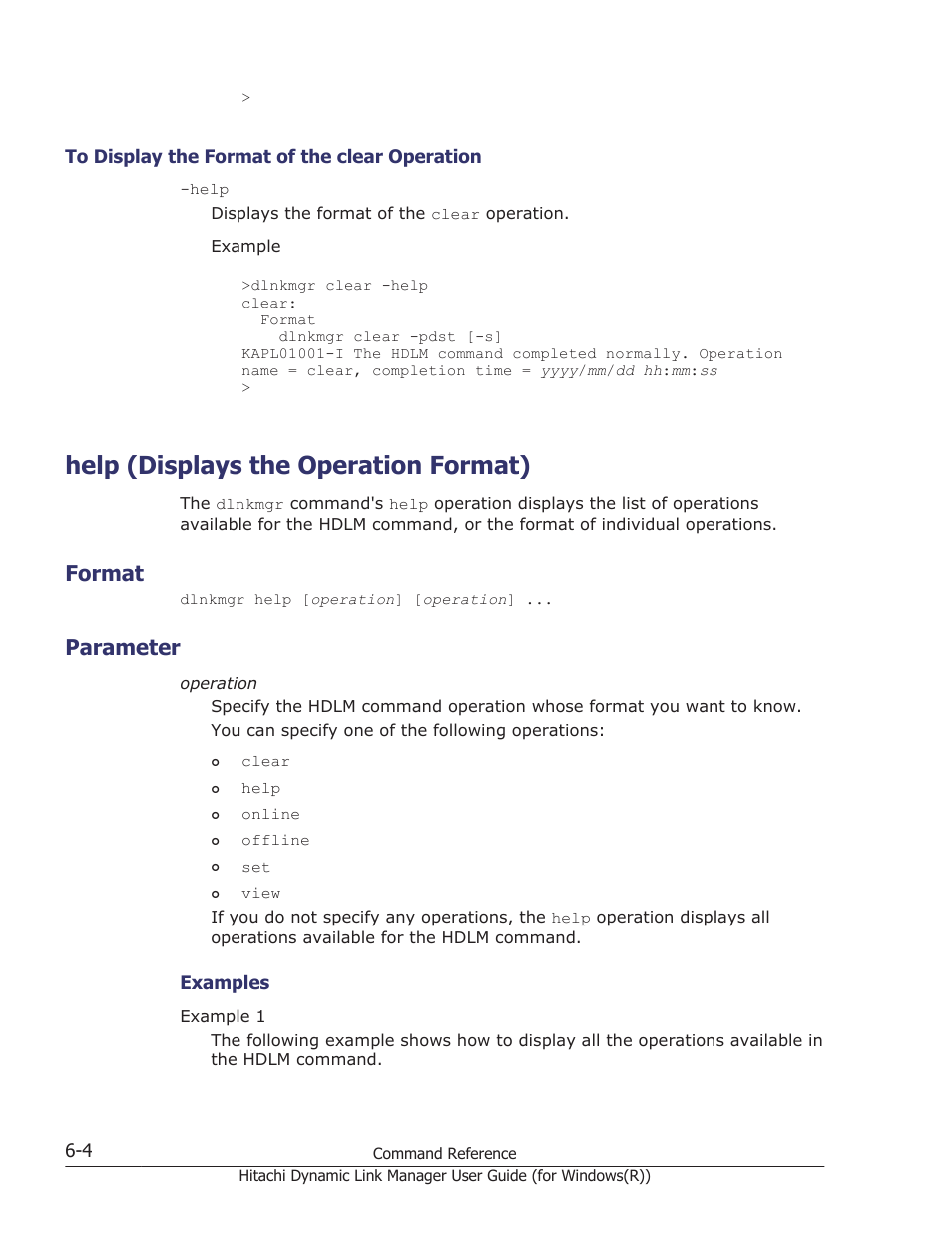 Help (displays the operation format), Format, Parameter | To display the format of the clear operation -4, Help (displays the operation format) -4, Format -4, Parameter -4 | HP Hitachi Dynamic Link Manager Software User Manual | Page 192 / 422