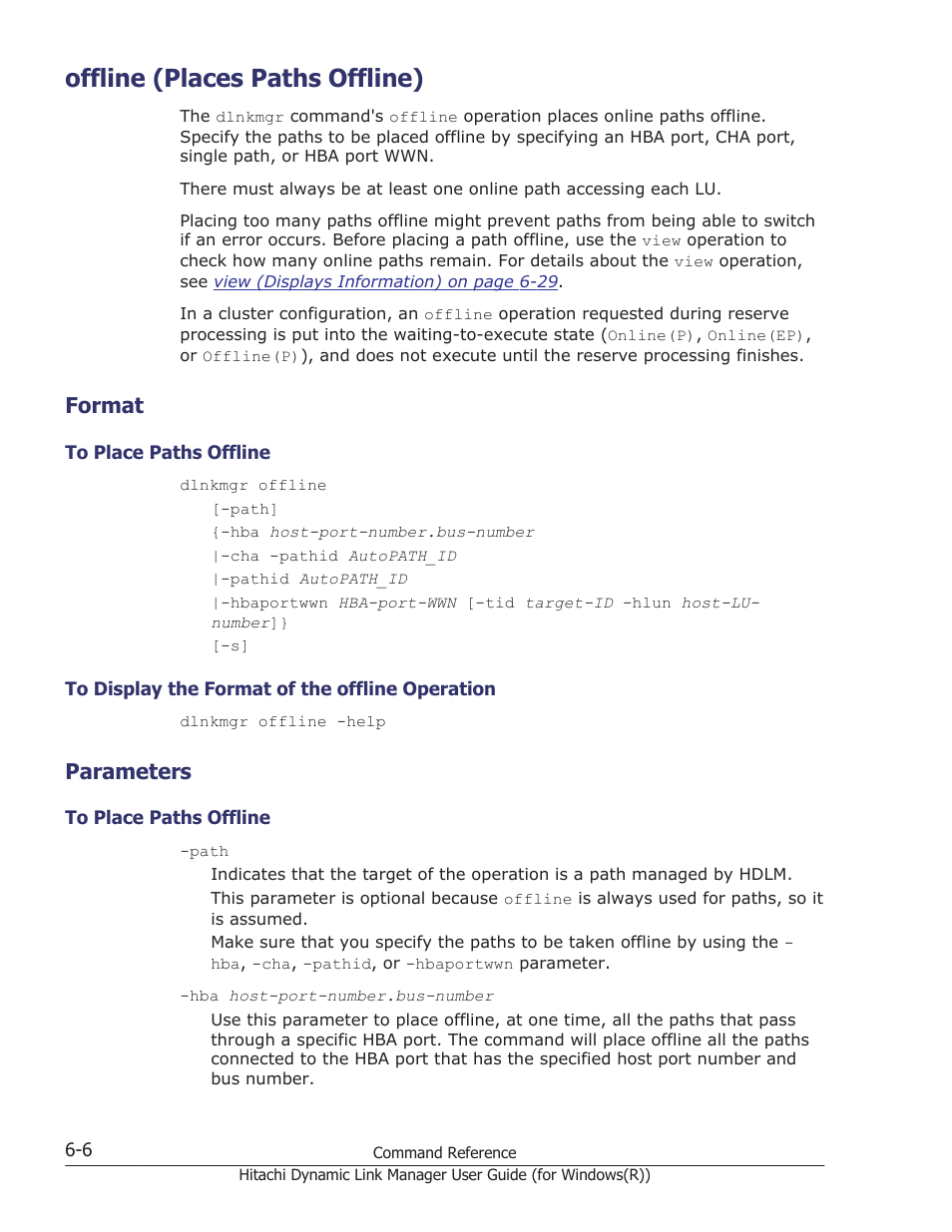 Offline (places paths offline), Format, Parameters | Offline (places paths offline) -6, Format -6, To place paths offline -6, To display the format of the offline operation -6, Parameters -6, Operation, see, Offline (places paths offline) on | HP Hitachi Dynamic Link Manager Software User Manual | Page 194 / 422