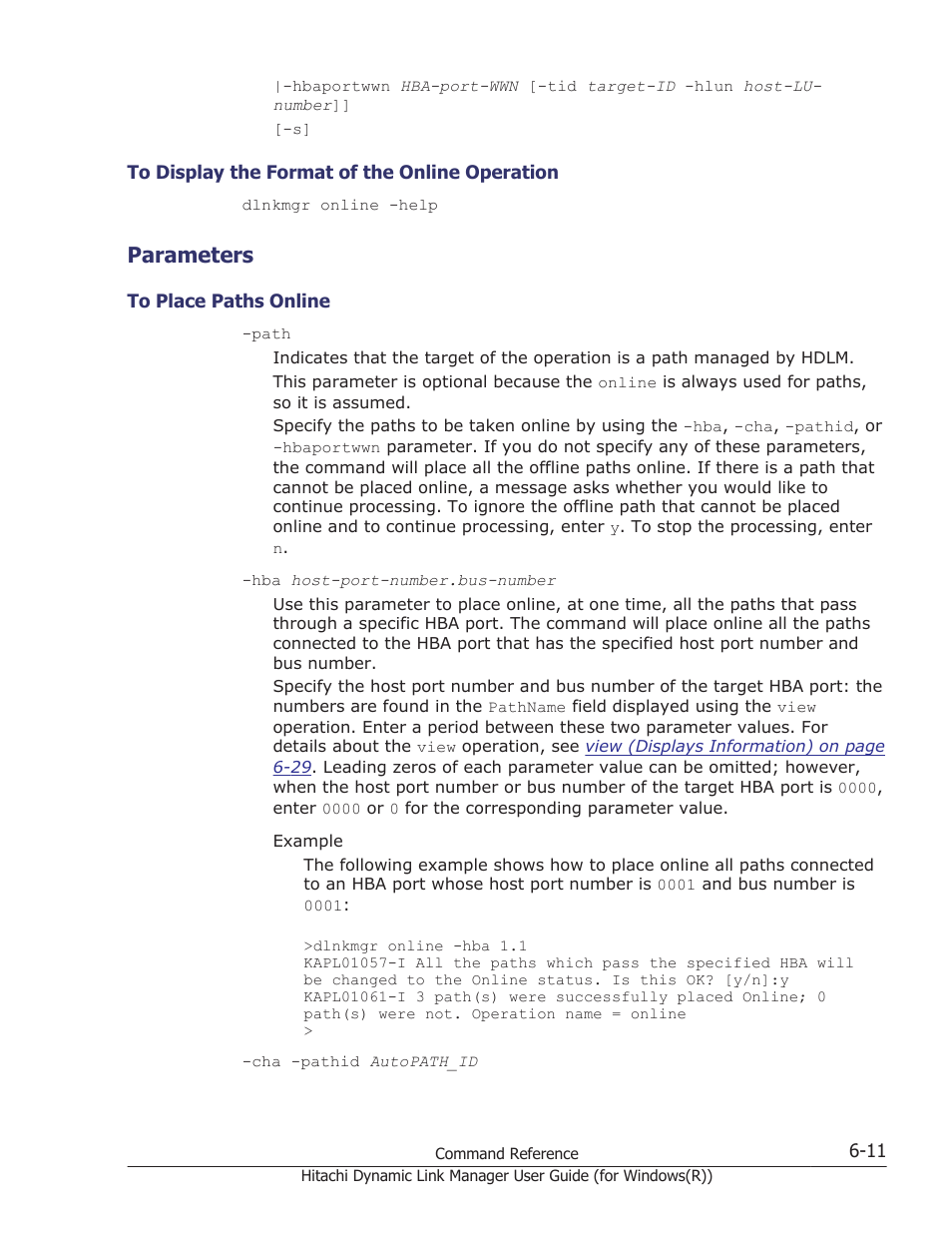 Parameters, To display the format of the online operation -11, Parameters -11 | To place paths online -11 | HP Hitachi Dynamic Link Manager Software User Manual | Page 199 / 422