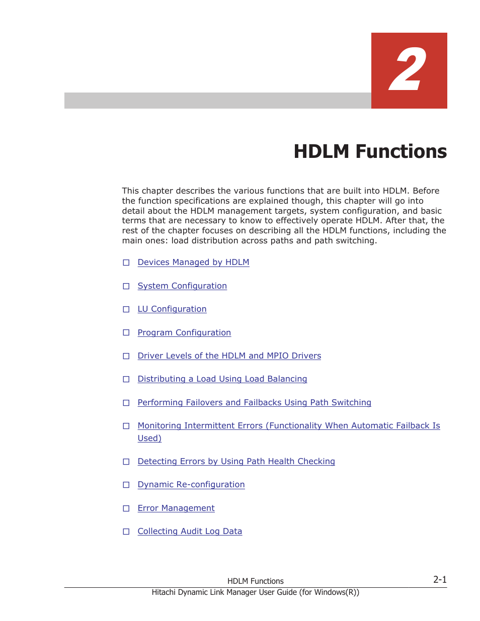 Hdlm functions, 2 hdlm functions -1 | HP Hitachi Dynamic Link Manager Software User Manual | Page 21 / 422