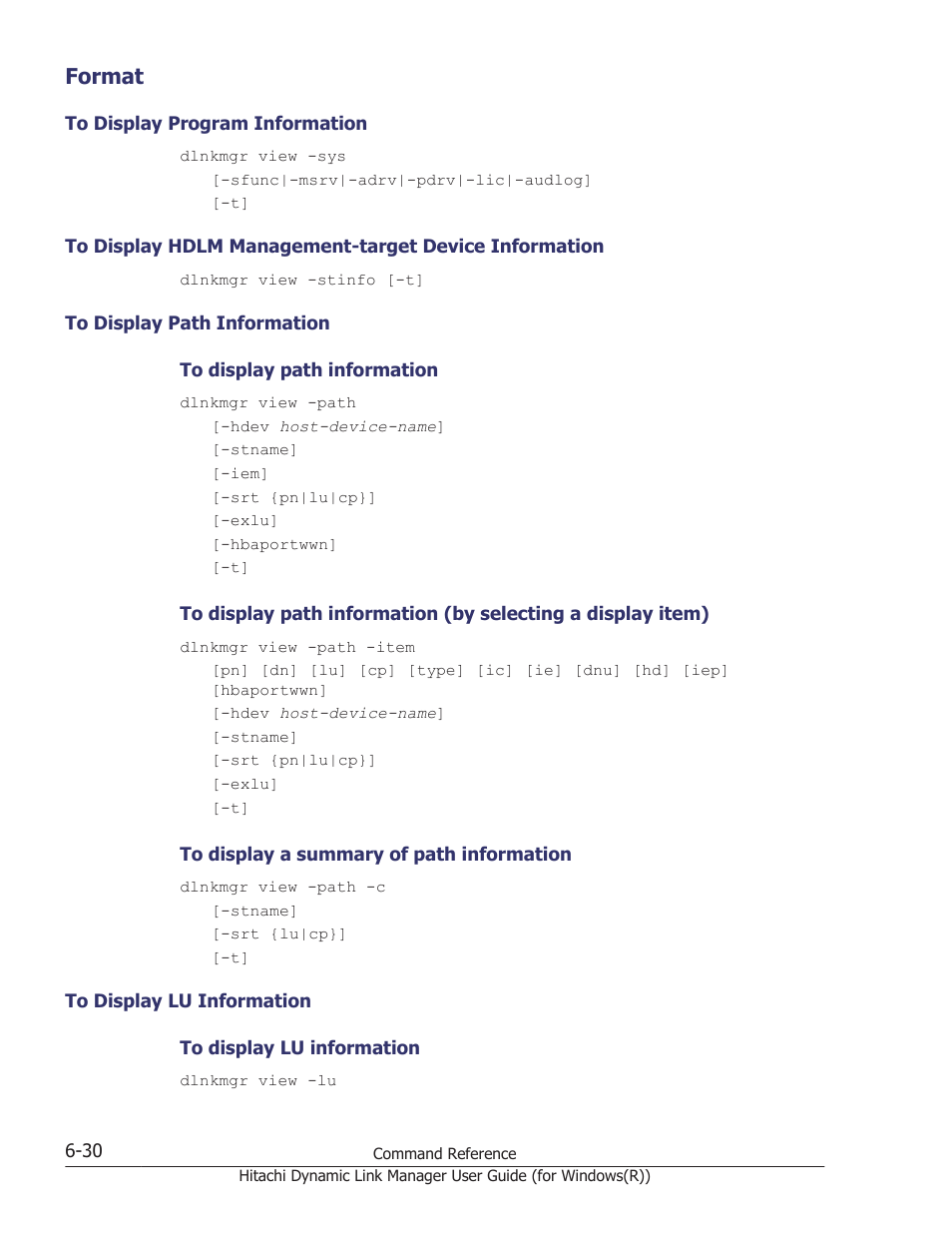 Format, Format -30, To display program information -30 | To display path information -30, To display lu information -30 | HP Hitachi Dynamic Link Manager Software User Manual | Page 218 / 422