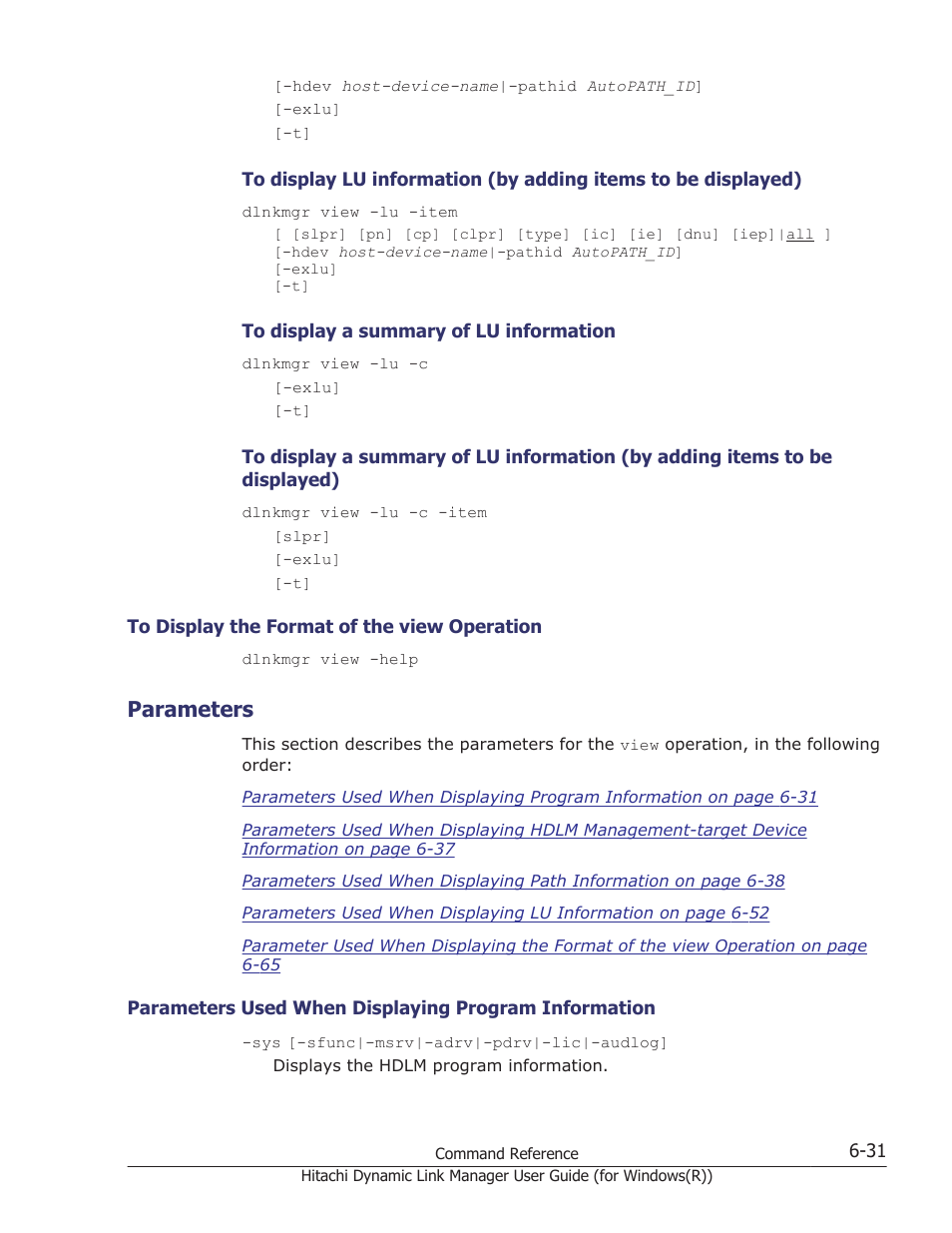 Parameters, To display the format of the view operation -31, Parameters -31 | HP Hitachi Dynamic Link Manager Software User Manual | Page 219 / 422