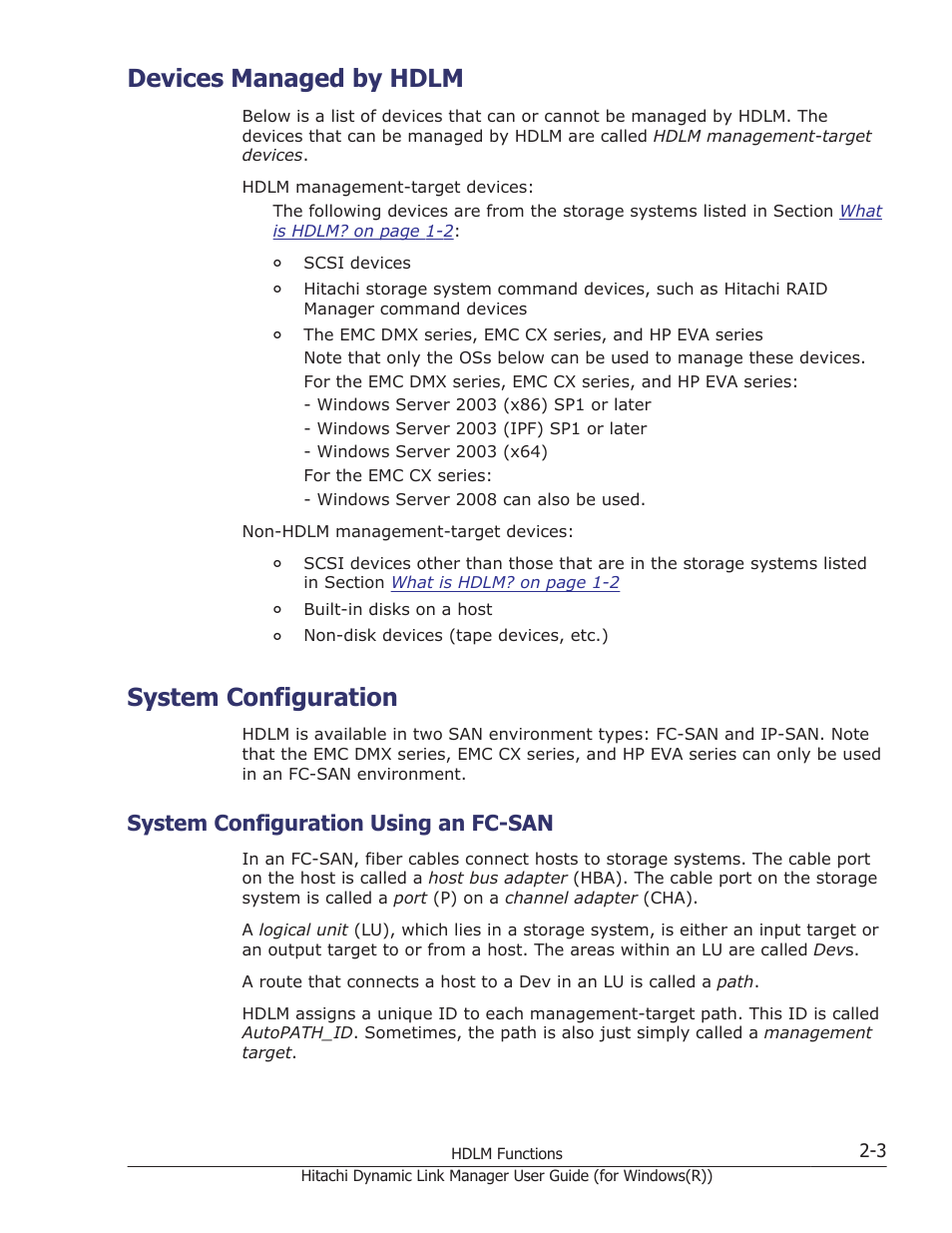 Devices managed by hdlm, System configuration, System configuration using an fc-san | Devices managed by hdlm -3, System configuration -3, System configuration using an fc-san -3 | HP Hitachi Dynamic Link Manager Software User Manual | Page 23 / 422