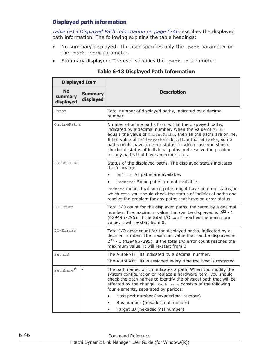 Table 6-13 displayed, Displayed path information | HP Hitachi Dynamic Link Manager Software User Manual | Page 234 / 422