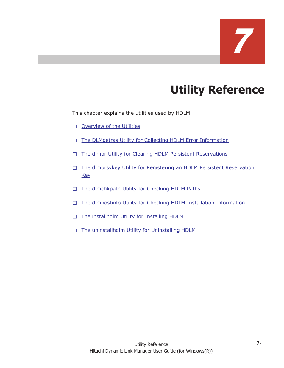 Utility reference, 7 utility reference -1 | HP Hitachi Dynamic Link Manager Software User Manual | Page 255 / 422