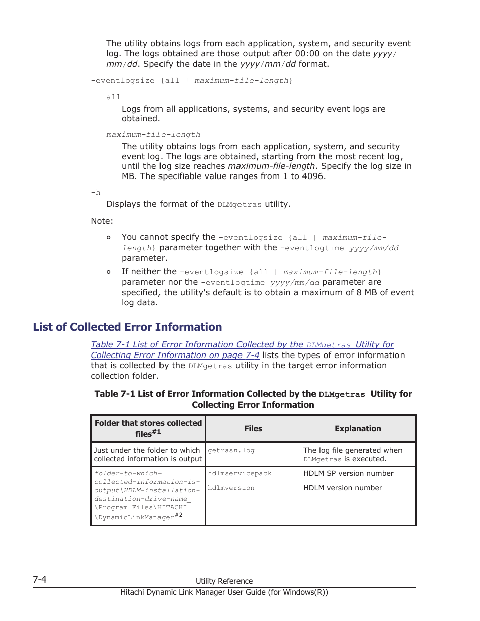 List of collected error information, List of collected error information -4 | HP Hitachi Dynamic Link Manager Software User Manual | Page 258 / 422