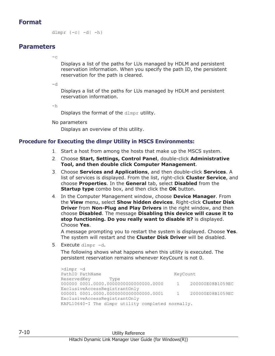 Format, Parameters, Format -10 | Parameters -10 | HP Hitachi Dynamic Link Manager Software User Manual | Page 264 / 422