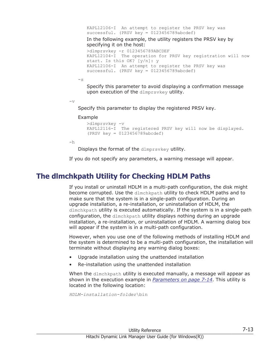 The dlmchkpath utility for checking hdlm paths, The dlmchkpath utility for checking hdlm paths -13, The dlmchkpath utility for | Utility, see, The dlmchkpath utility for checking | HP Hitachi Dynamic Link Manager Software User Manual | Page 267 / 422