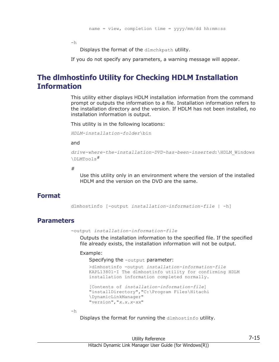 Format, Parameters, Format -15 | Parameters -15, The dlmhostinfo | HP Hitachi Dynamic Link Manager Software User Manual | Page 269 / 422